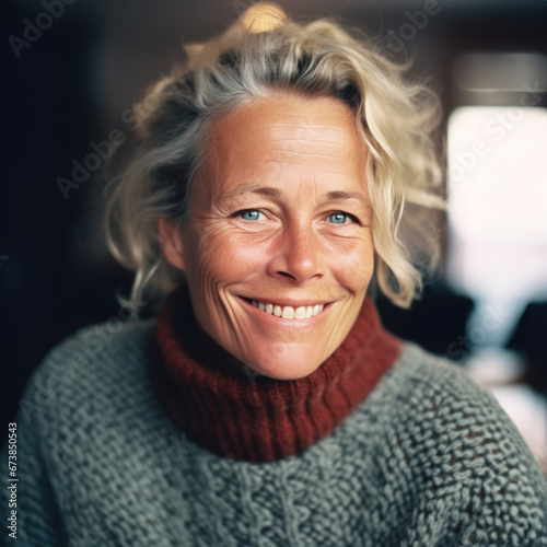 femme 50-60ans souriante, cheveux gris avec pullover photo