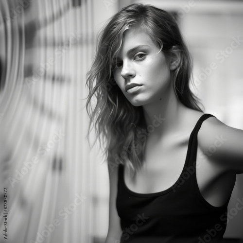 portrait noir et blanc d'une jeune fille un peu triste et rêveuse en intérieur photo