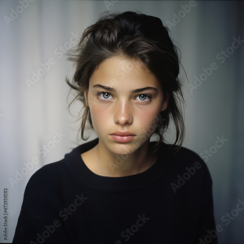 portrait studio d'une adolescente brune en pullover noir, le regard mélancolique photo