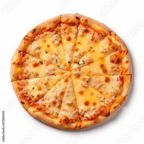 Delicious cheese pizza top view on isolated white background - ai generative
