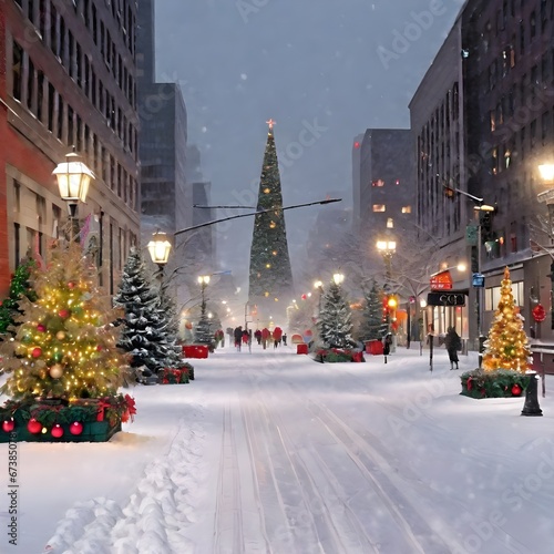 christmas snowy days big trees snowmen streets people luminaries. Generative AI #673850781