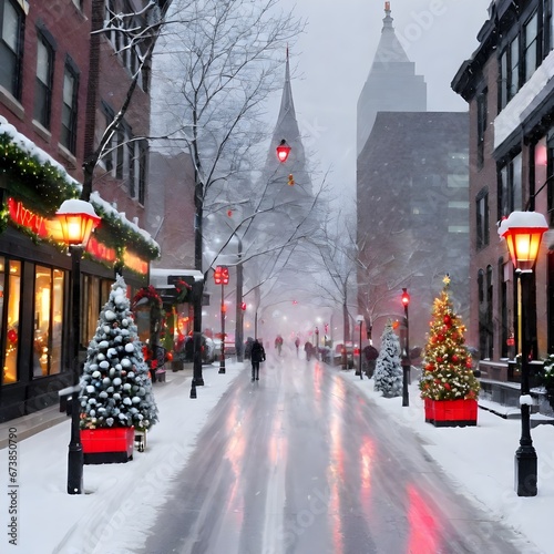 christmas snowy days big trees snowmen streets people luminaries. Generative AI #673850790