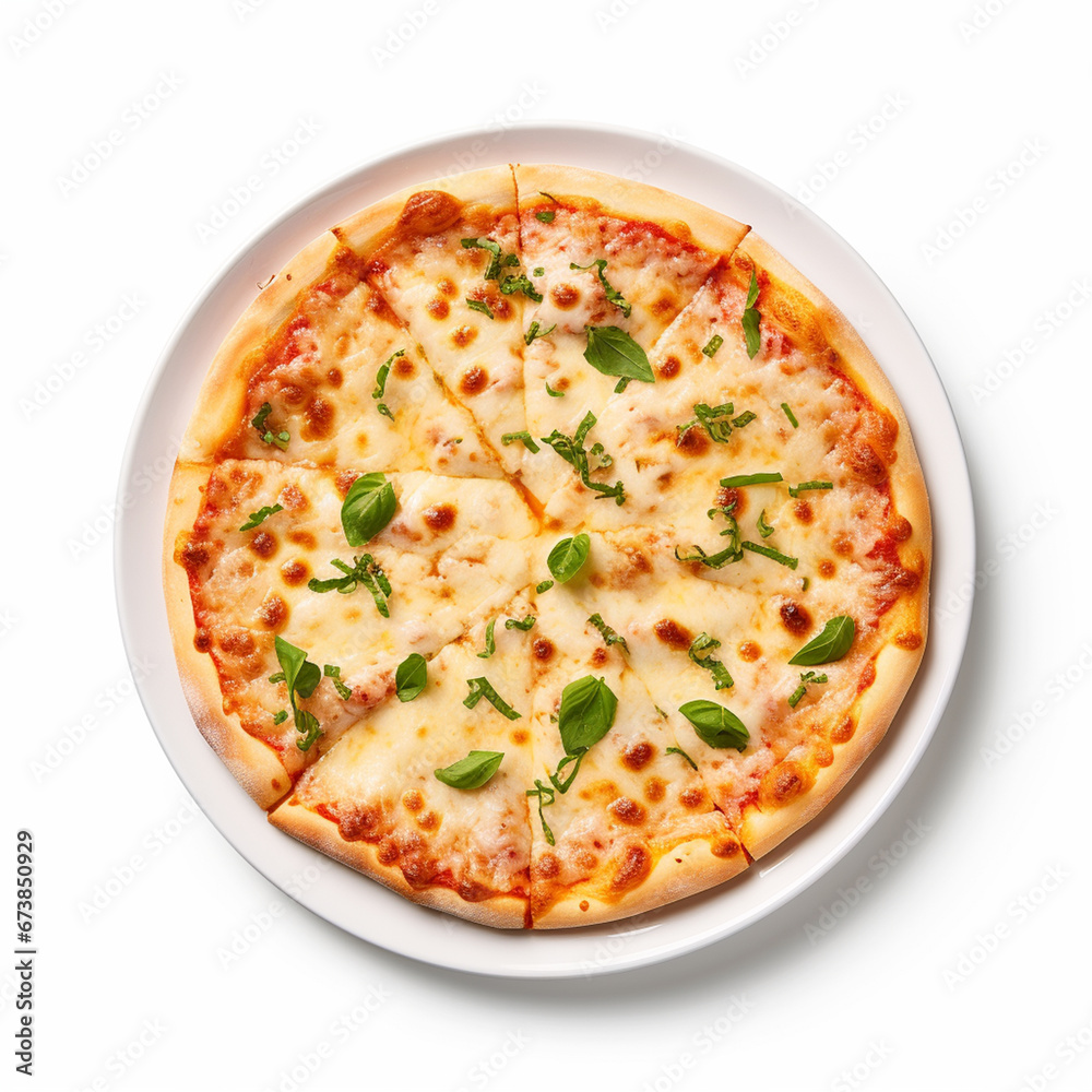 Delicious cheese pizza on a plate top view on isolated white background - ai generative Delicious cheese pizza on a plate top view on isolated white background - ai generative