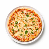 Delicious cheese pizza on a plate top view on isolated white background - ai generative