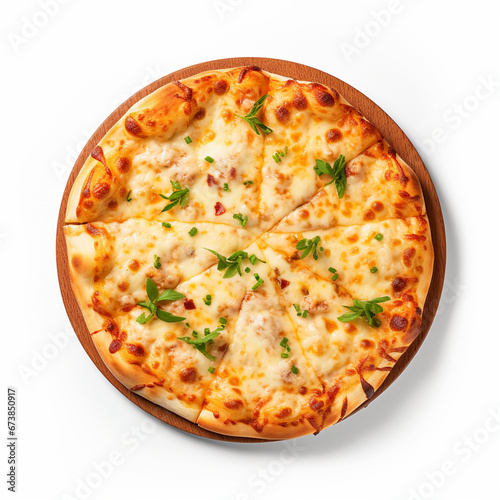 Delicious cheese pizza on a plate top view on isolated white background - ai generative