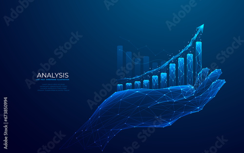 Abstract growth chart in a hand. Graph chart with up arrow in an arm palm. Finance and stock market concept on dark background. Low poly wireframe vector illustration in light blue hologram style.