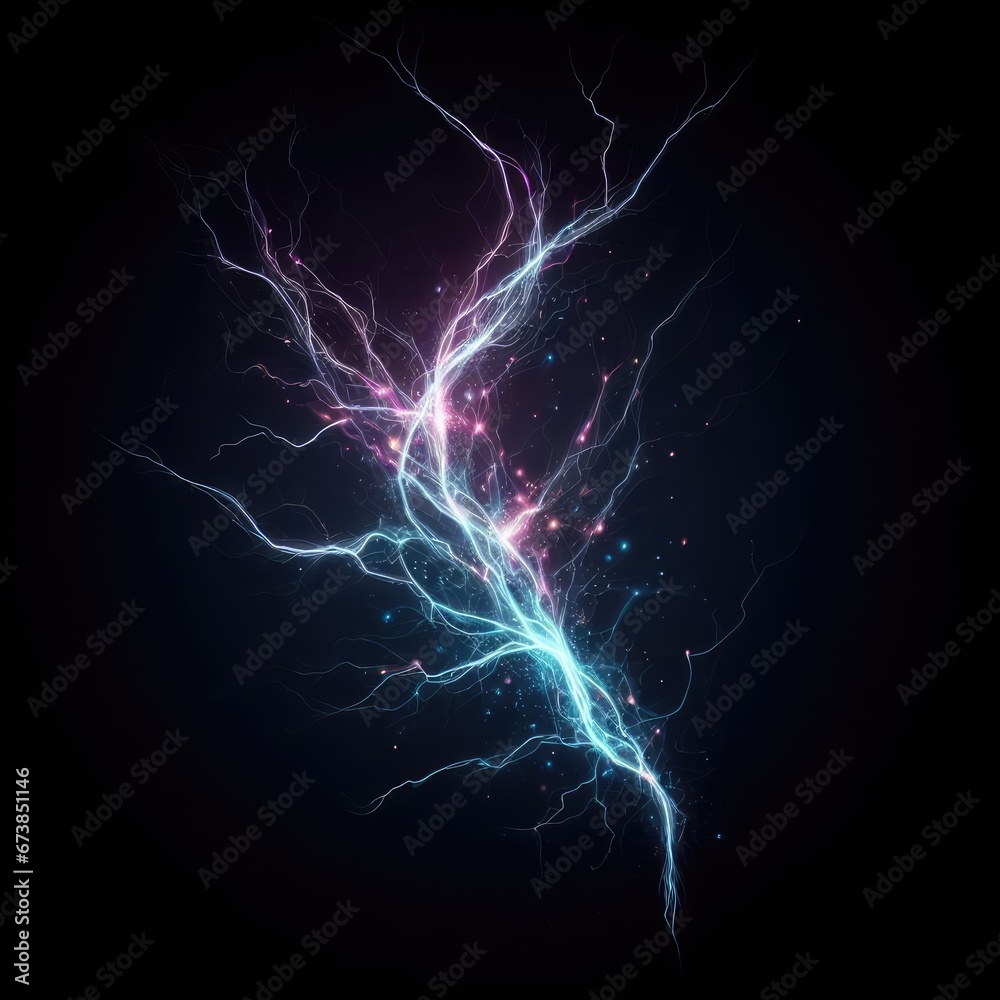 realistic lightning isolated on black background. natural light effect, bright glowing neural connections