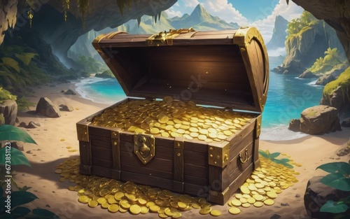 An open Treasure Chest filled with a lot of gold coins in a cave