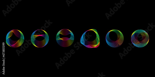 Sound smooth waves of shapes of different shapes, Set Equalizer rainbow color gradient. Vector geometric shapes isolated on black background.
