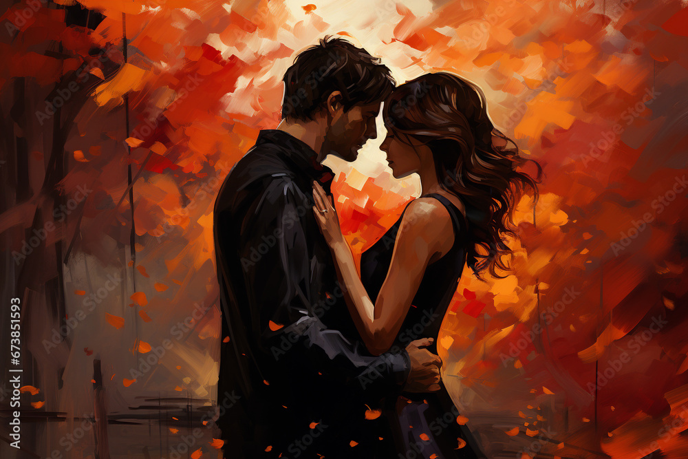 Lovers in a close embrace with autumn leaves swirling