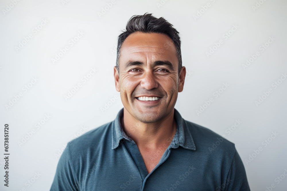 Fototapeta premium Smiling middle age man in blue shirt isolated against a white wall.