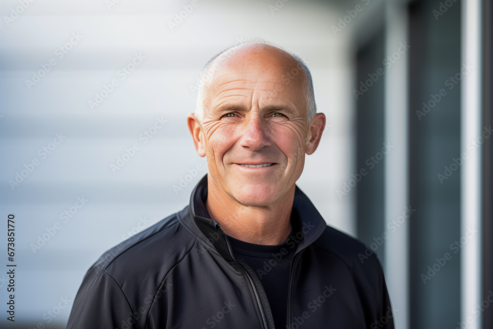 Smiling mature man in black jacket standing outside a front door. Smiling mature man in black jacket standing outside a front door.