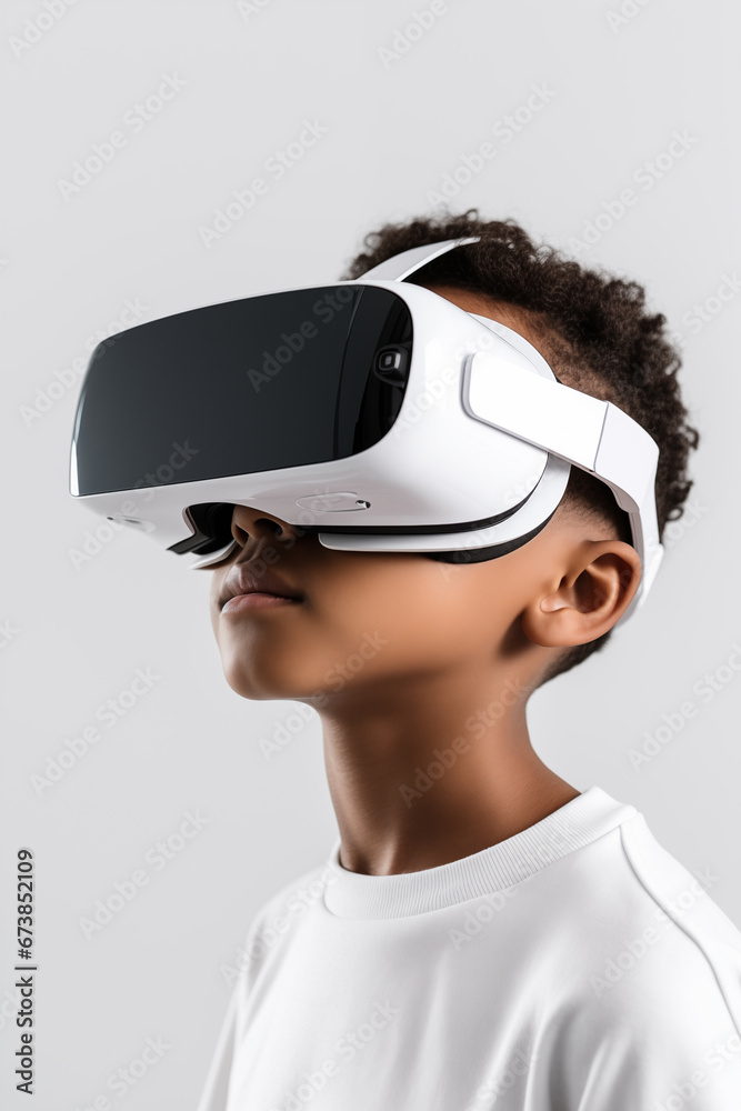 Young boy getting experience using VR headset glasses isolated on a white background Young boy getting experience using VR headset glasses isolated on a white background