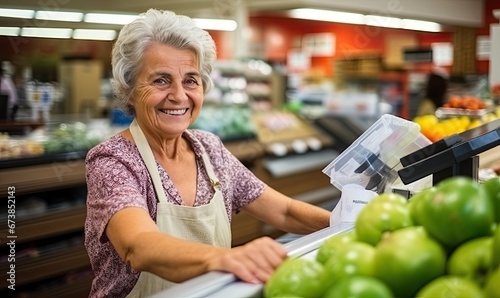 An Elderly Shopper in a Bustling Grocery Store