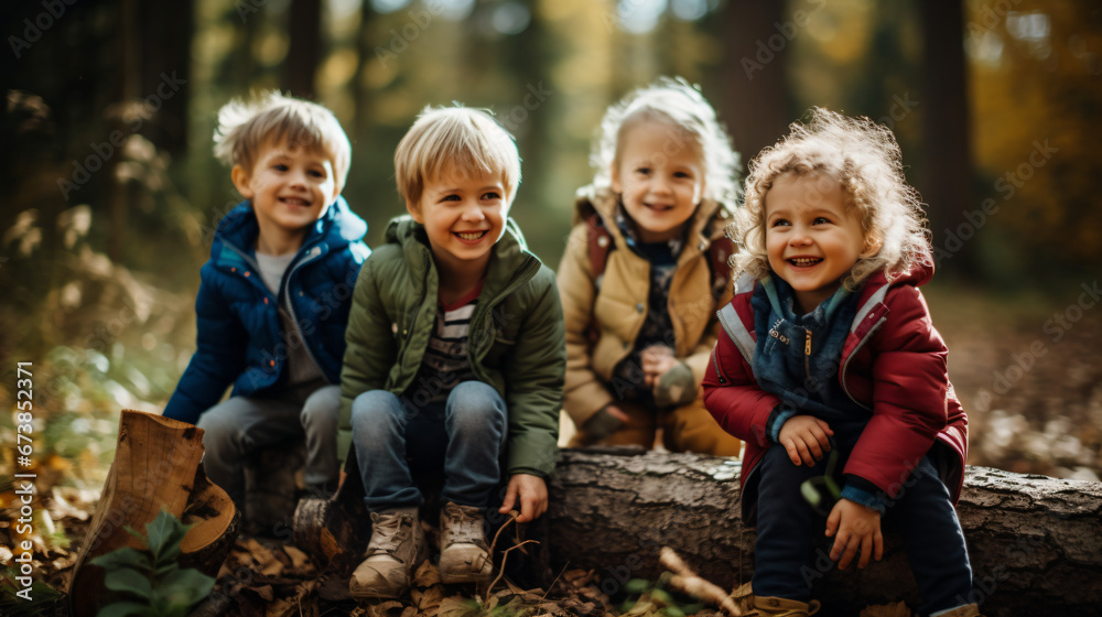 森の中で自然を楽しむ笑顔の子ども4人