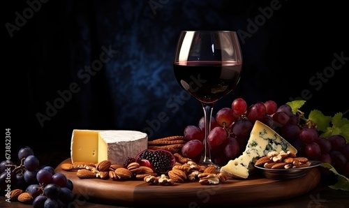A Plateful of Gourmet Delights: Cheese, Nuts, Grapes, and Wine