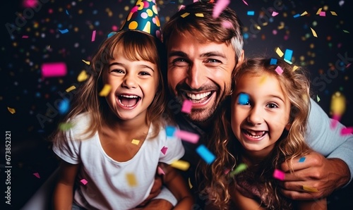 A Joyful Celebration with a Father and his Daughters Wearing Party Hats