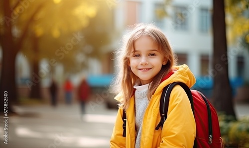 A Sunny Stroll: Young Girl in Yellow Jacket Walks Down the Street