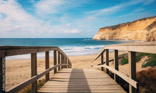 A Serene Path to the Majestic Beach  Embraced by a Towering Cliff