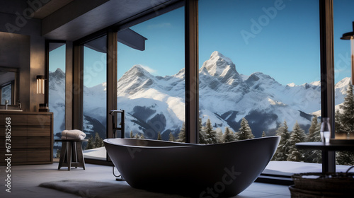 Interior Design Photography | Room Concepts | Bathtub by huge windows overlook snow covered peaks. 