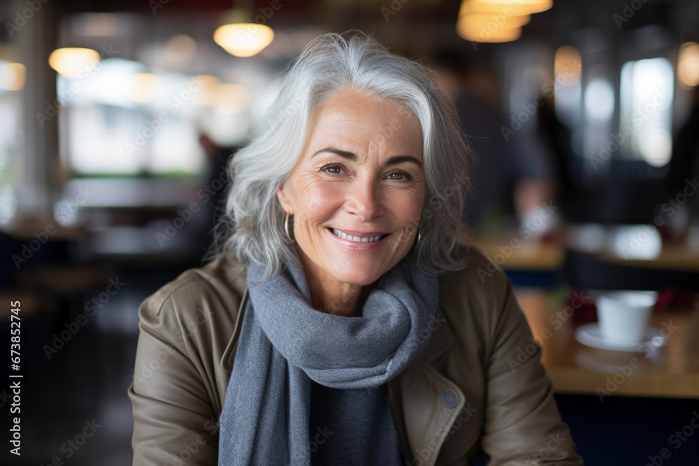 A Serene Afternoon: In a Cozy Cafe, a Smiling and Happy Mature Lady Enjoys Coffee, Reflecting Contentment, Joy, and the Bliss of Leisure in Her Retirement Years A Serene Afternoon: In a Cozy Cafe, a Smiling and Happy Mature Lady Enjoys Coffee, Reflecting Contentment, Joy, and the Bliss of Leisure in Her Retirement Years