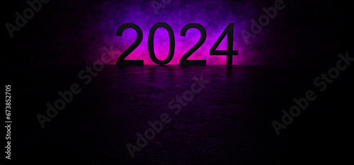 Happy New Year 2024. Glowing numbers on the background of a concrete wall. Neon lights with numbers 2024. 3D render.
