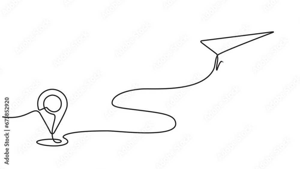 Continuous line animation video of airplane flight routes and airport destinations. Paper airplane icon and airplane destination path of airplane flight route with starting point location Continuous line animation video of airplane flight routes and airport destinations. Paper airplane icon and airplane destination path of airplane flight route with starting point location