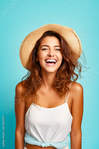Woman wearing straw hat and smiling at the camera.
