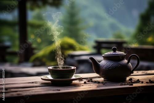 Experiencing the calming essence of oolong tea in a serene outdoor environment