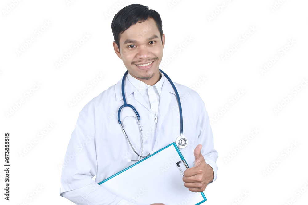 Doctor with stethoscope holding clipboard on transparent background. Doctor with stethoscope holding clipboard on transparent background.