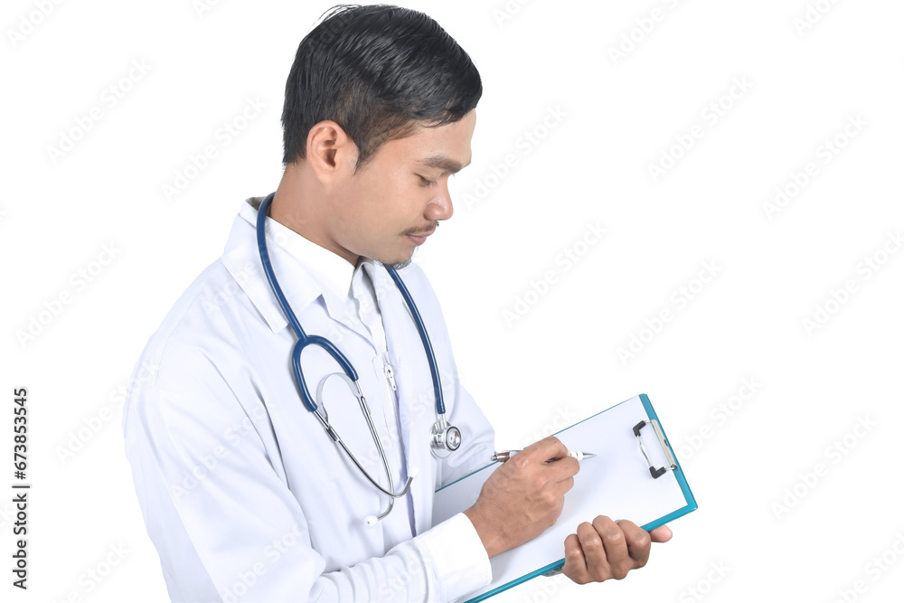 Doctor with stethoscope holding clipboard on transparent background. Doctor with stethoscope holding clipboard on transparent background.