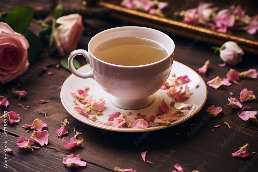 Fototapeta premium Enjoying a fragrant cup of Jasmine Rose Tea surrounded by blooming jasmine and rose petals on a vintage table