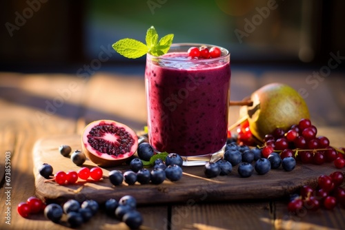 A Healthy and Vibrant Blueberry Pomegranate Smoothie Rests on a Rustic Table Amidst a Scattering of Fresh Berries