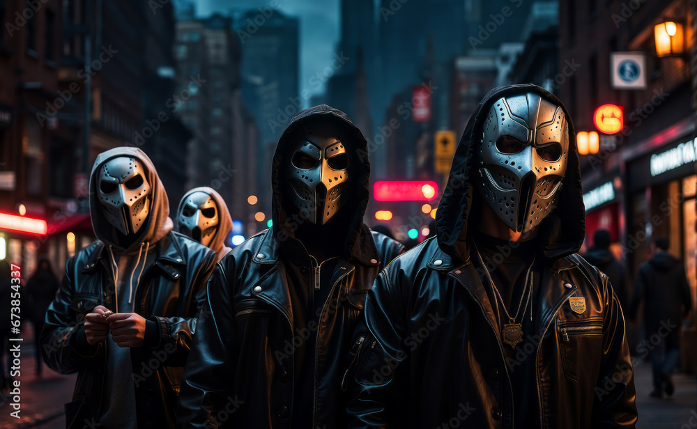 A masked group of men wait for the Purge. A masked group of men wait for the Purge.