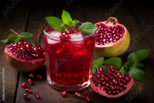 Homemade pomegranate blend in a glass with fresh mint and lime on a rustic backdrop