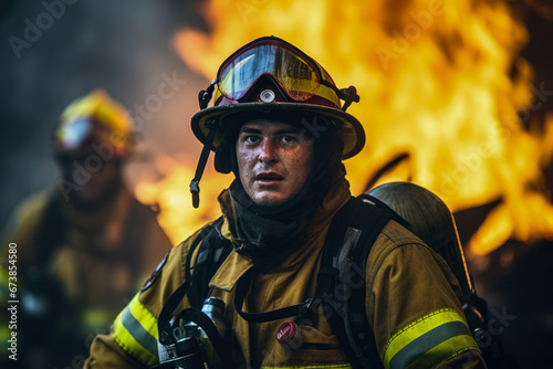 A firefighter in front of a large fire. © PixelGallery