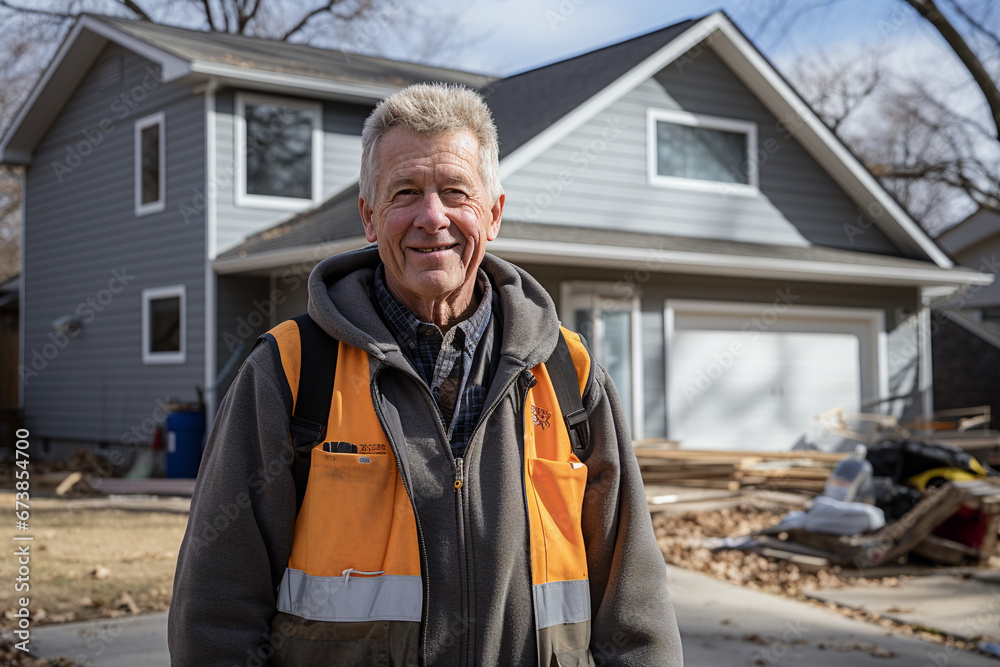 Man in vest smiles before new construction Man in vest smiles before new construction