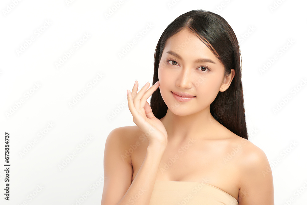 Beautiful young asian woman with clean fresh skin on white background, Face care, Facial treatment, Cosmetology, beauty and spa, Asian women portrait.