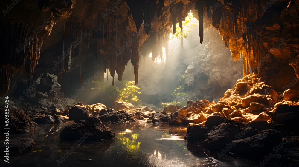 An evocative photograph capturing the mysterious ambiance of a cave, where stalactites seem like frozen time capsules holding ancient stories waiting to be unveiled. - obrazy, fototapety, plakaty 