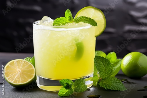 Refreshing lime and honey beverage served cold with ice cubes and mint leaves in a close-up shot