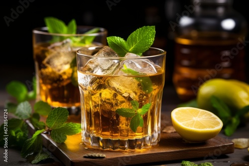 Close-up of a chilled glass of iced cardamom tea garnished with fresh mint leaves