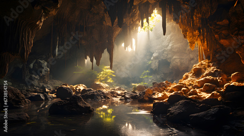 An evocative photograph capturing the mysterious ambiance of a cave, where stalactites seem like frozen time capsules holding ancient stories waiting to be unveiled.
