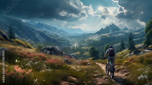 Adventurous Mountain Biking Woman Riding Her Bike on an Offroad Trail
