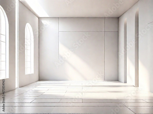 Bellissima immagine di sfondo di uno spazio vuoto in toni di bianco con un gioco di luci e ombre sulla parete e sul pavimento per lavori di progettazione o creativi