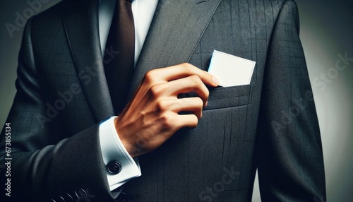 Man in a stylish suit with his hand putting blank business card mockup into a pocket
