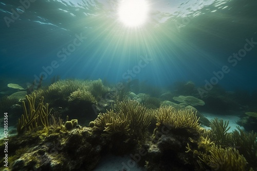 Sunlight filters through water onto coral reef  seaweed  sponges below. Generative AI