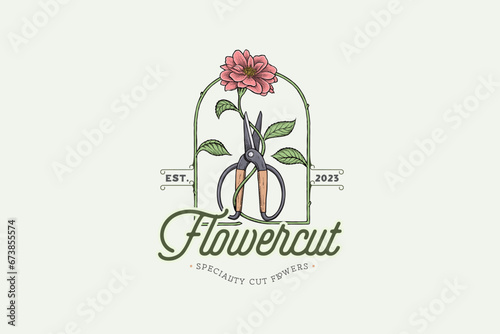 Vector scissors and flower shaped window logo. ancient and artistic vintage style