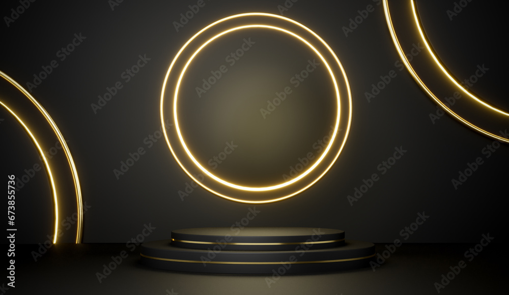 Realistic 3D black backdrop with golden circles