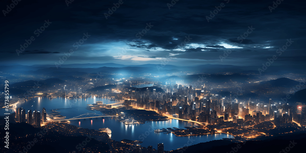 Vista panorámica de una ciudad de noche
