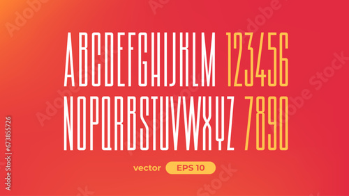 Tall light font isolated. Extra condensed alphabet. High narrow letters and numbers. Long and slim font. Uppercase. Vector illustration eps10.